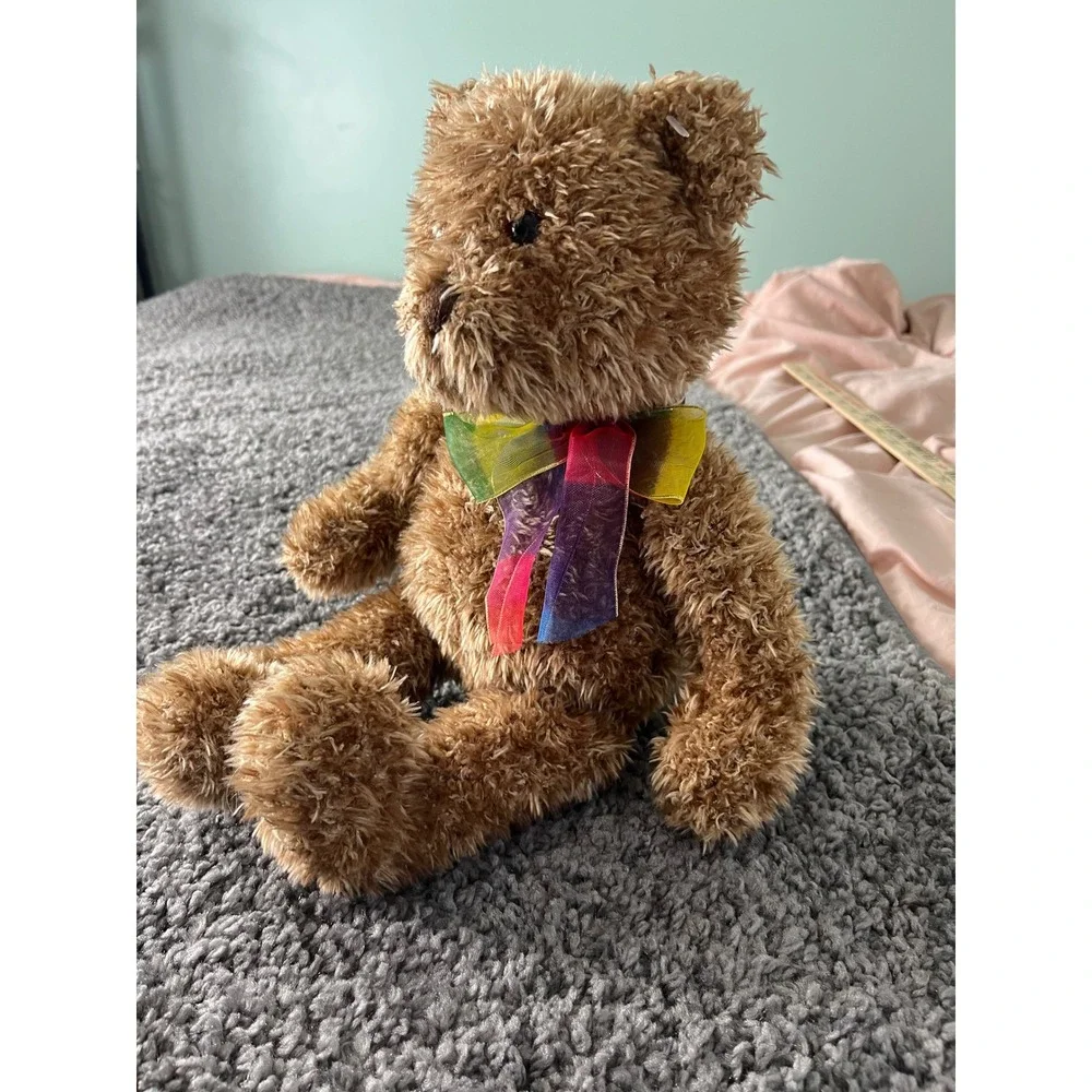 Gund Bearessence 4890 Teddy Bear Brown Shaggy Plush Rainbow Ribbon 12 Inch